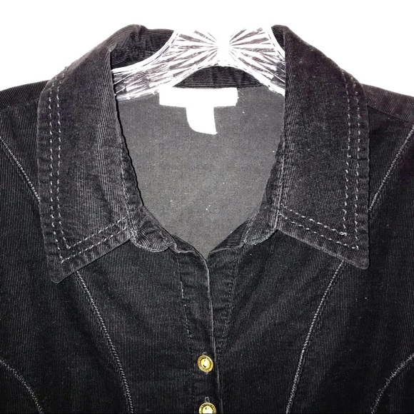 Dressbarn corduroy button down shirt/light jacket, black with brass buttons - Picture 2 of 9